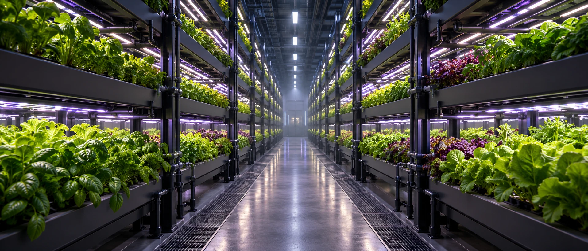 Conceptual controlled-environment growing facility with illuminated crop rows