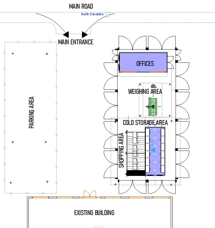 Original Harvest Hub site plan with labelled offices, weighing area, cold storage area, shopping area, parking, main entrance and existing building