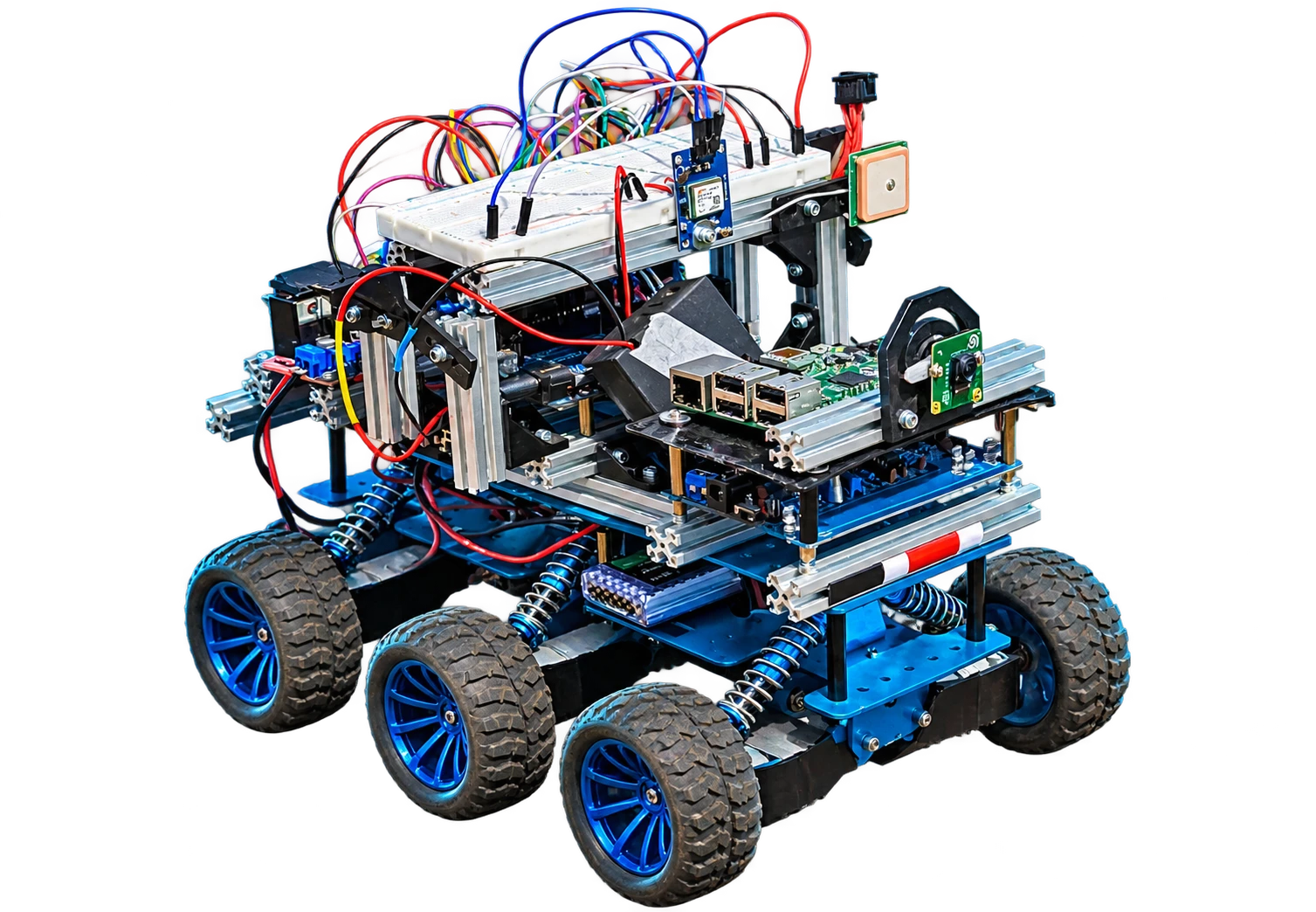 Studio-style presentation of the Version One six-wheel RANGER working prototype, with its exposed electronics and aluminium frame